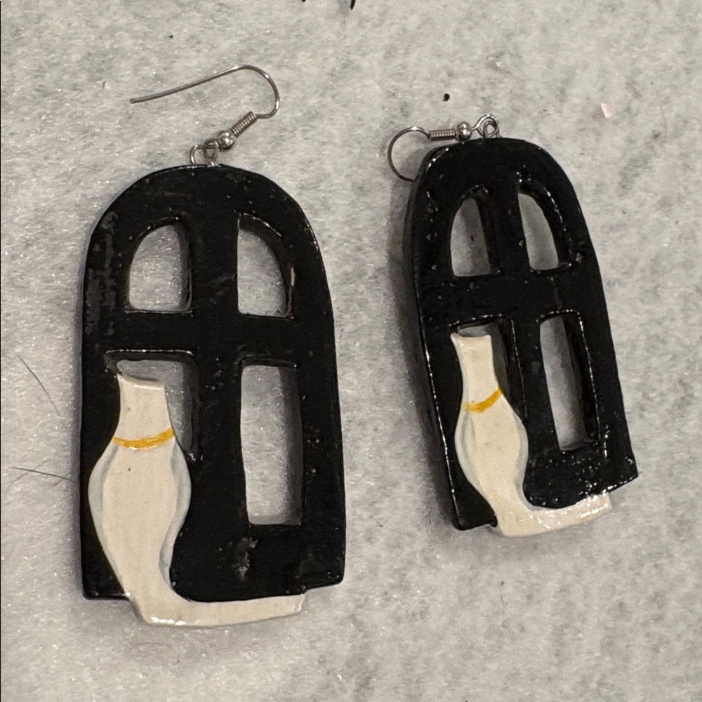 Hand Painted Black & White Cat in Window Wood Earrings New Light Pierced